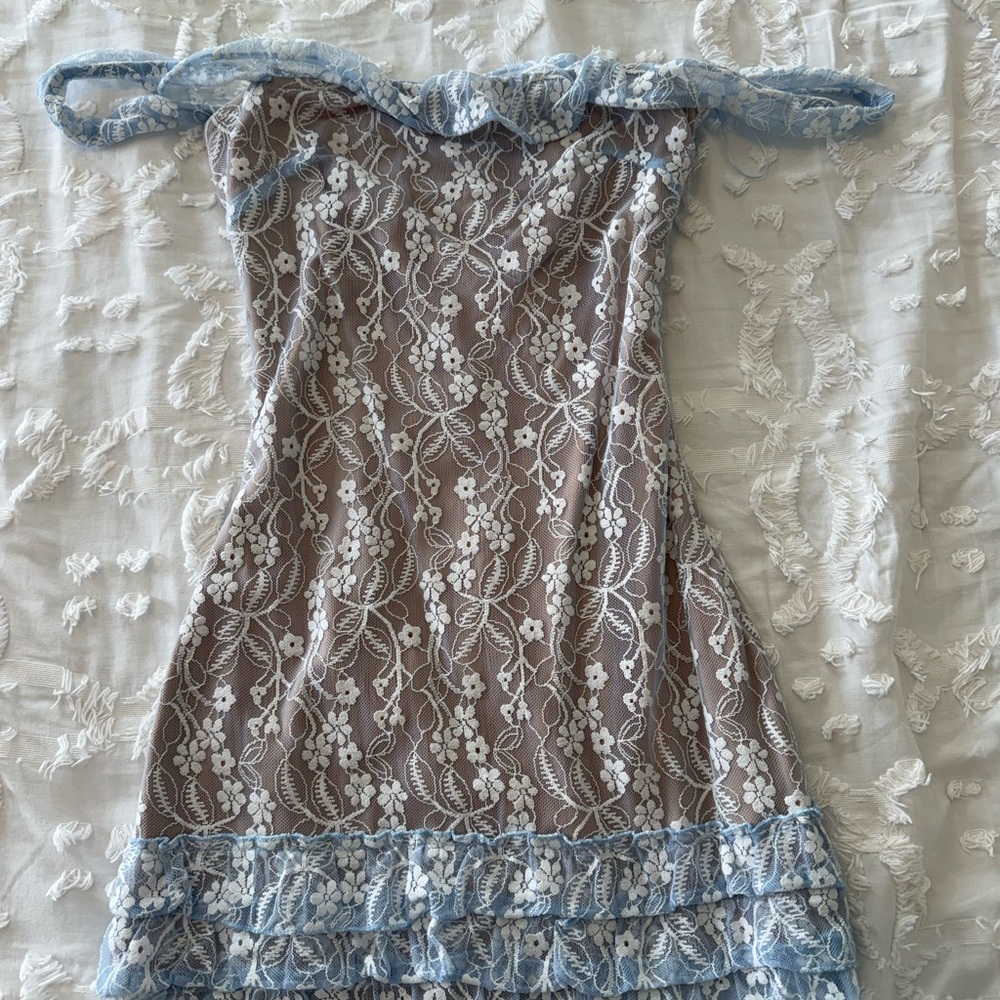 Edikted Lace Overlay Dress in Taupe and Light Blue